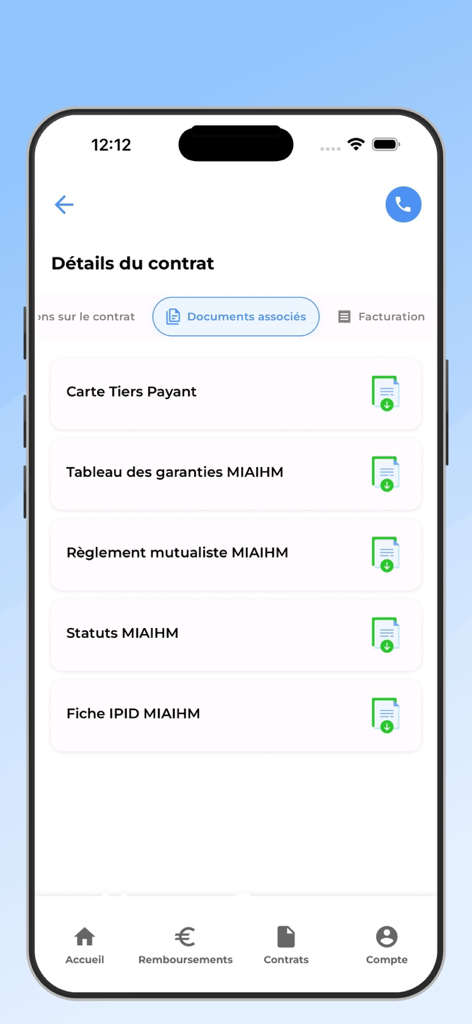 HEYME 뮤추얼 앱의 계약 서류 섹션을 보여주는 스크린샷, 보험 카드 및 증권 다운로드 옵션 포함