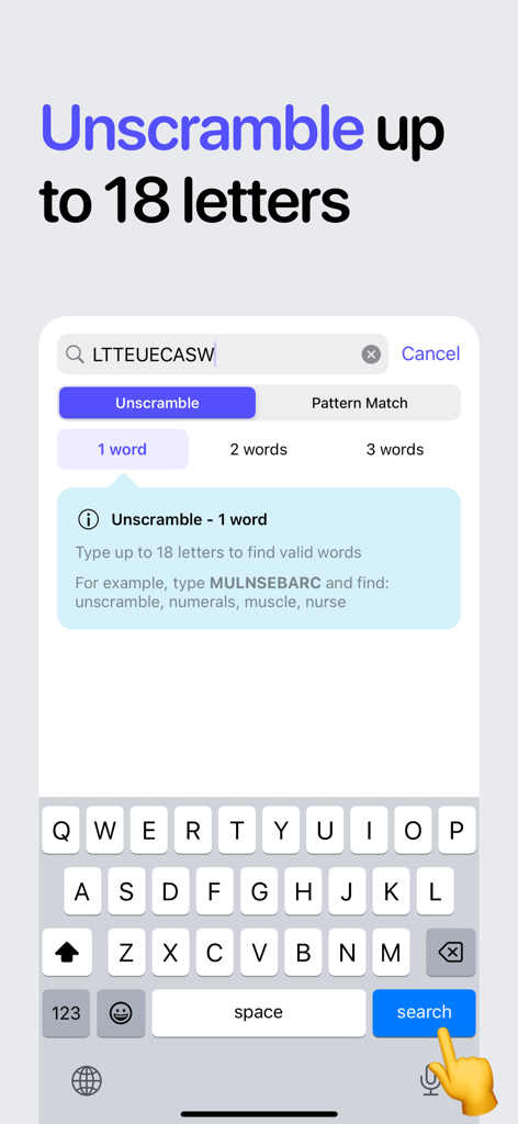 A screenshot of the Word and Anagram Finder app interface showing the unscramble letters feature with a search bar and mobile keyboard