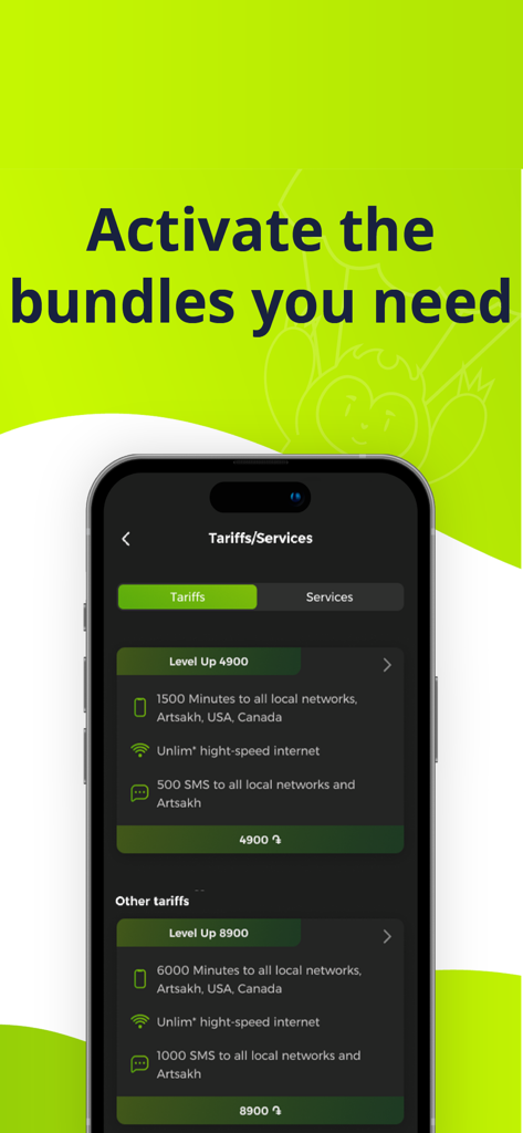 Ucom mobile app interface showing various tariff plans and bundle activation options on an iPhone screen