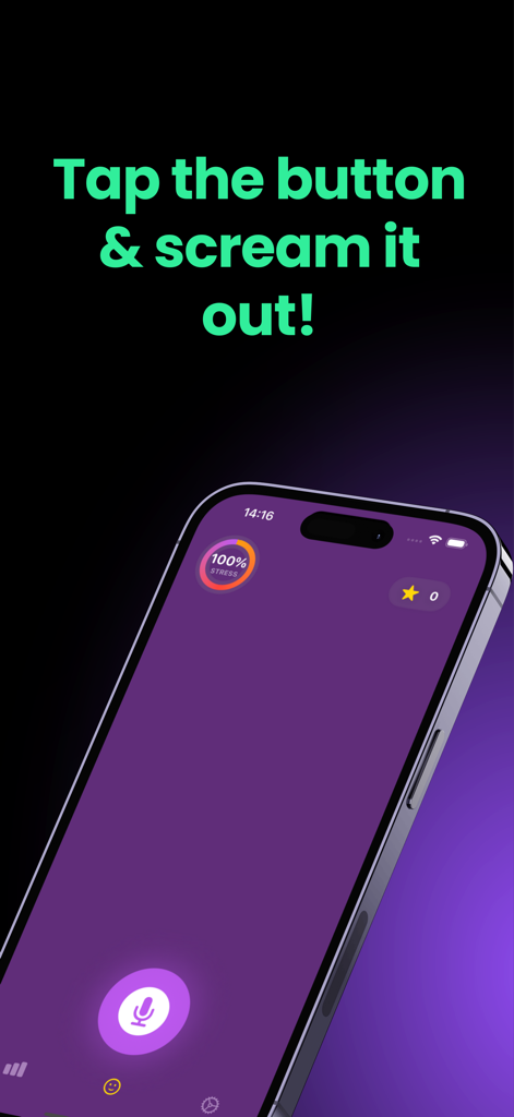 Scream Therapy - Smartphone screen showing the Scream Therapy app interface with a microphone button and the text Tap the button and scream it out