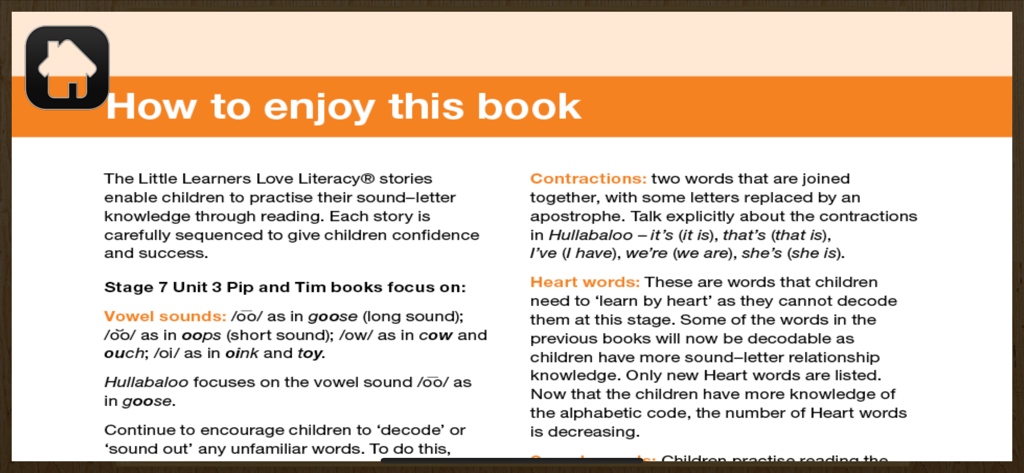 Instruction screen for parents and teachers explaining vowel sounds and decoding strategies in the Pip and Tim literacy app