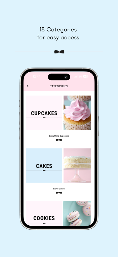 Interface of the Love Manuela baking app showing recipe categories for cupcakes, cakes, and cookies with high-quality food photography.