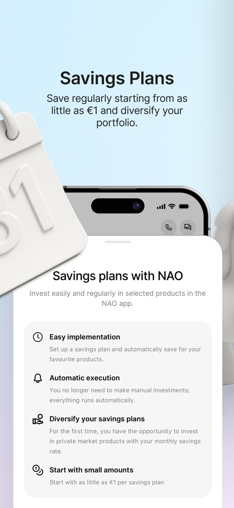 NAO Co-Investment - Interface of the NAO app highlighting automated savings plans for private market investments starting from 1 euro.