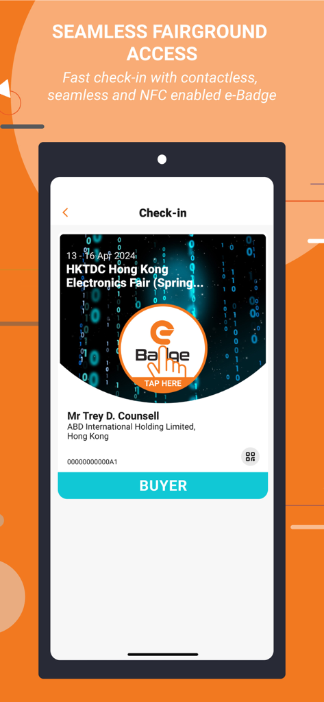 Aplicación HKTDC Marketplace que muestra un e-badge sin contacto para el check-in en ferias comerciales.