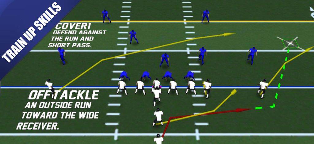 American Football Champs - Vista aérea do campo de futebol americano mostrando a seleção de jogada tática e as rotas dos jogadores