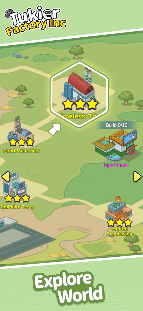 Tukier Factory Inc.-Idle Game - A colorful map screen in Tukier Factory Inc showing various factory buildings and the Explore World feature