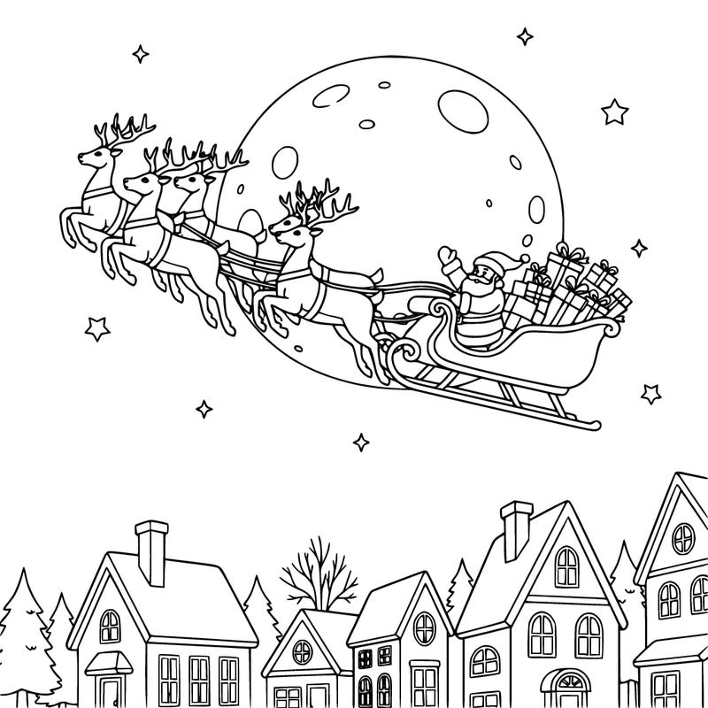 santa sleigh presents reindeers! night sky moon houses