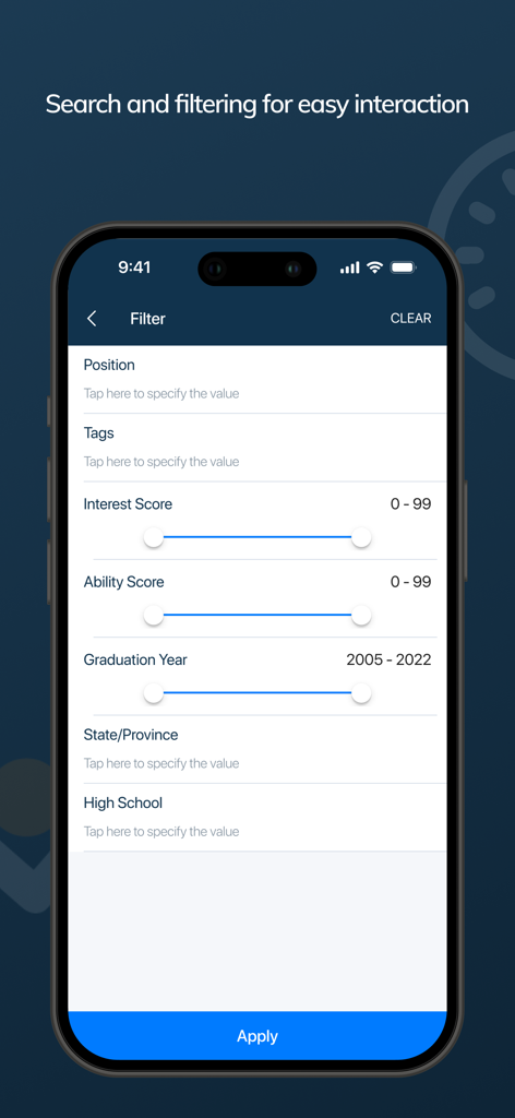 Mobile app interface showing search and filtering options for student-athlete recruitment.