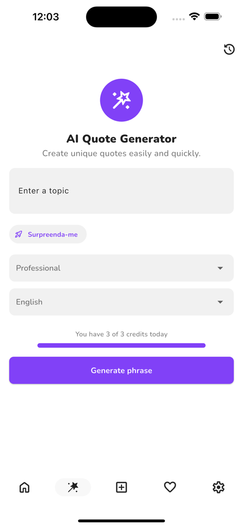 Benutzeroberfläche des KI-Zitatgenerators mit Themeneingabe und Auswahl des professionellen Tons