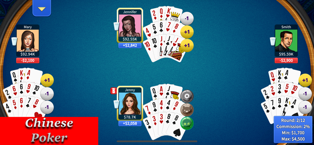 Pai Gow Online - KK Paigow 2 - Four players playing Chinese Poker in the Pai Gow Online mobile app