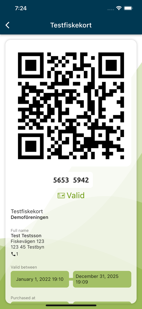 iFiske - Fishing Permits - Digital fishing license with a QR code and validity status in the iFiske mobile app