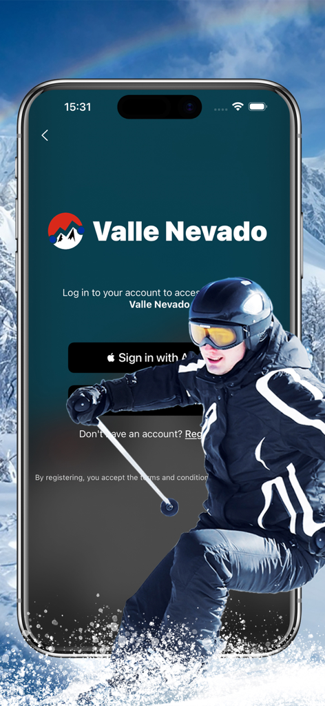 Valle Nevado Ski - Login screen for Valle Nevado Ski app featuring a mountain logo and skier