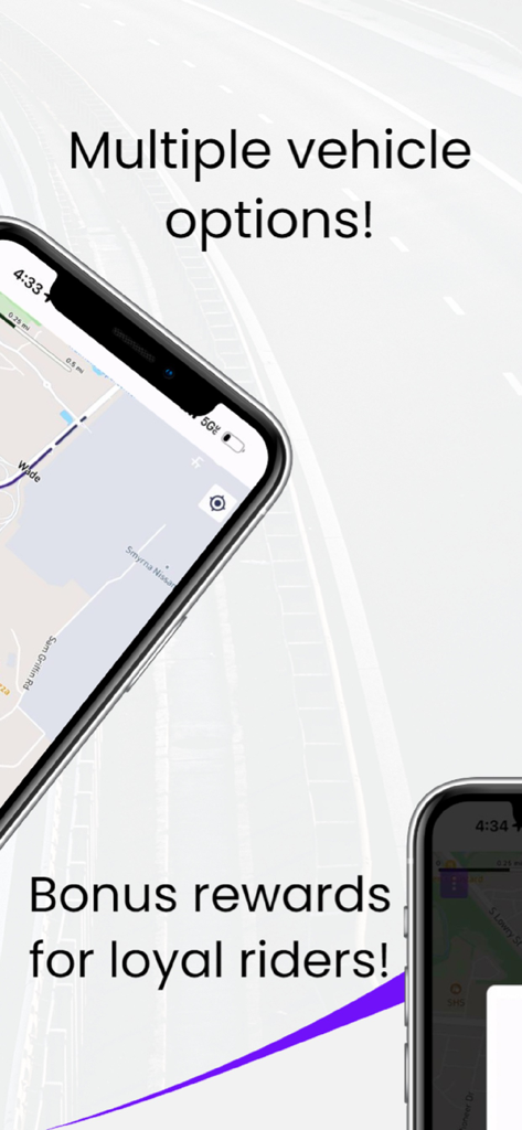 Bombo Taxi - Captura de pantalla de la aplicación Bombo Taxi que resalta múltiples opciones de vehículos y recompensas de fidelidad para los pasajeros
