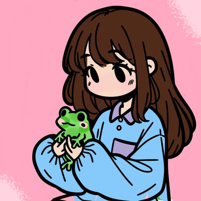 girl with long hair and a oversized shirt. and she is holding a frog