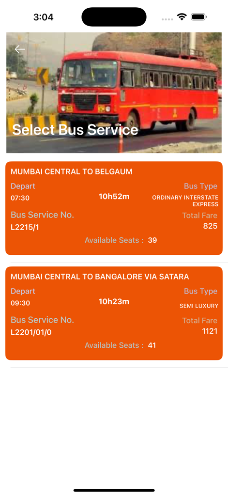 MSRTC Reservation App - MSRTC app screen showing available bus services from Mumbai Central to Belgaum and Bangalore with fare and seat information.