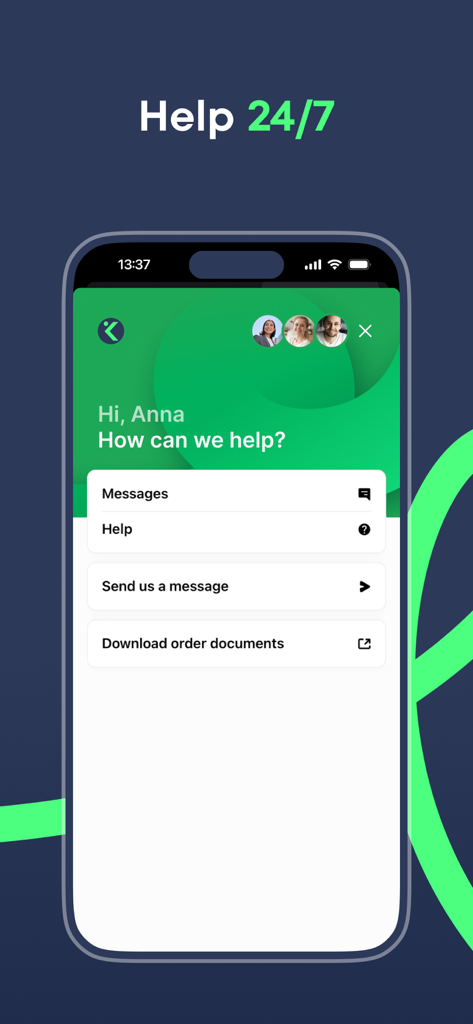 Kupi.com - Interface of the Kupi app showing 24/7 customer support and messaging options for travelers
