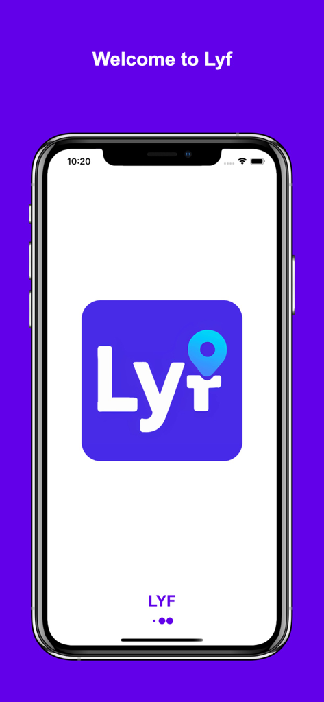 Lyf. - Pantalla de bienvenida de la super app Lyf en un iPhone con fondo morado