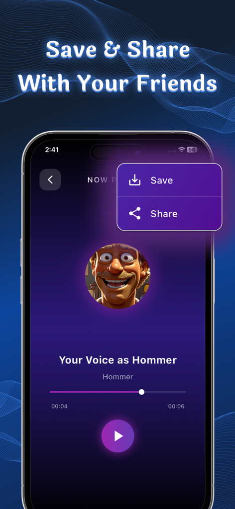 Voice Changer app interface showing options to save and share a transformed voice clip.