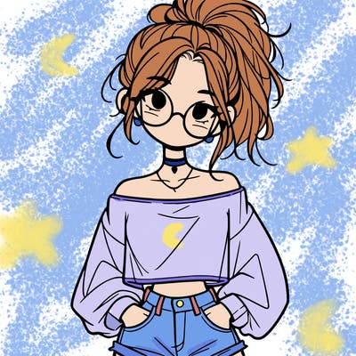 girl with a messy ponytail glasses a baggy crop top and jean shorts
