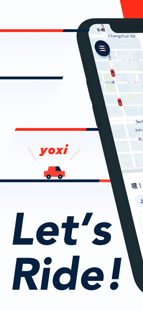 yoxi rider - Una pantalla de smartphone mostrando la app yoxi rider con el texto Let's Ride y una interfaz de mapa con ubicaciones de vehículos