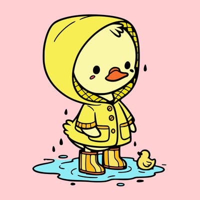 baby duck in a rain coat and boots, in a puddle while it’s raining