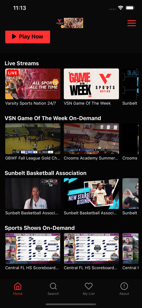 Varsity Sports Nation - The home screen of the Varsity Sports Nation app showing live streams and on-demand sports content