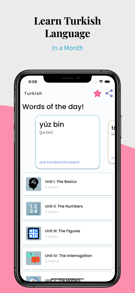 Interface de l'application Learn Turkish Language Easily montrant le mot du jour et les unités de leçons.
