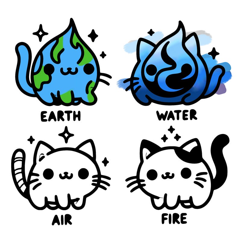 4 cats that represent the different elements, earth, water, air, and fire