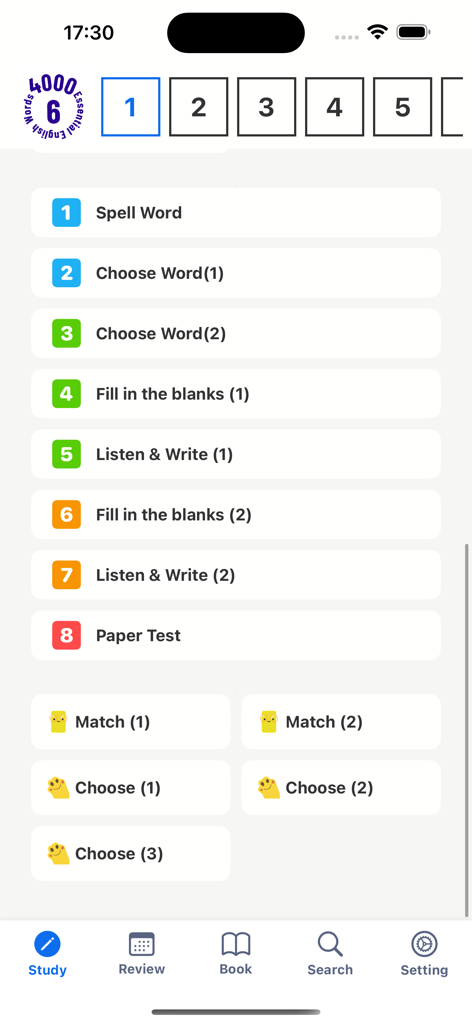 4000 Essential English Words ⑹ - Una pantalla de menú de la aplicación 4000 Essential English Words que muestra varios ejercicios de unidad como escucha de ortografía y completar espacios en blanco.