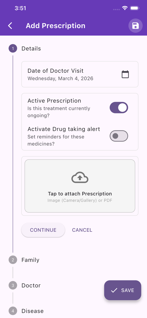 Add Prescription screen showing fields for doctor visit date and attachment options for medical documents