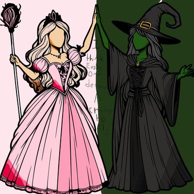 detailed realistic split of a princess and a witch