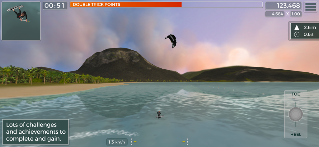 Kiteboard Hero - Kitesurfing gameplay in Kiteboard Hero featuring a rider on the water near a tropical island mountain