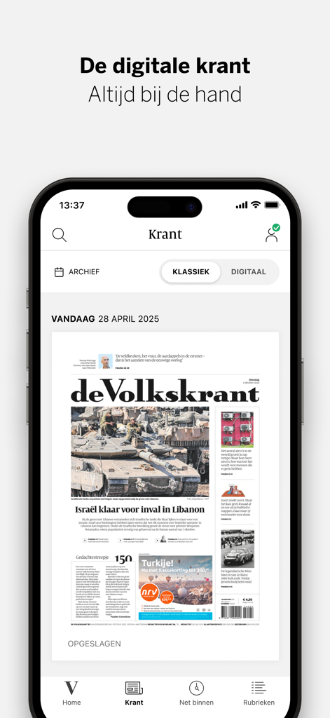 Vue du journal numérique dans l'application d'actualités de Volkskrant montrant la page de couverture.