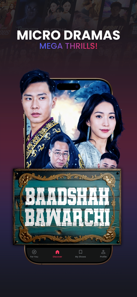 DashReels app interface featuring a micro drama titled Baadshah Bawarchi