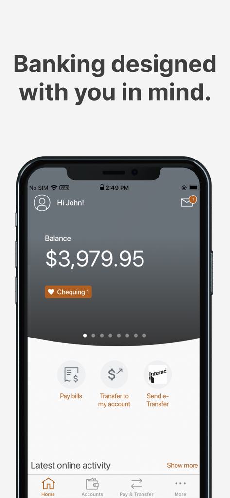 Alterna Savings Mobile Banking - Alterna Savings mobile banking home screen showing account balance and quick action buttons for pay bills and transfers.