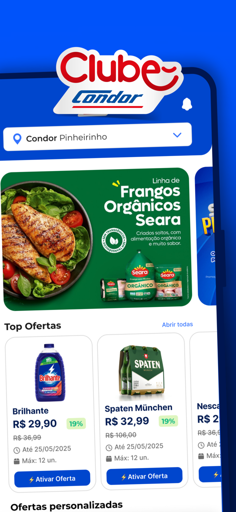 App Clube Condor - Clube Condor app screen showing retail discounts and promotional grocery offers