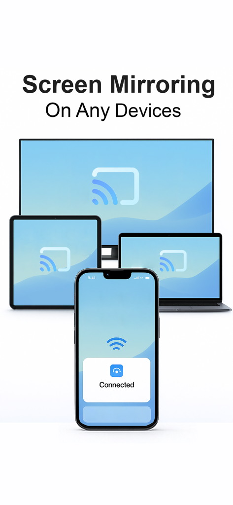 AirPlay Cast - L'écran d'un iPhone mis en miroir sur une Smart TV, un ordinateur portable et une tablette à l'aide de l'application AirPlay Cast