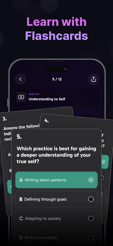 Mobile app interface showing AI-generated study flashcards and a multiple-choice quiz.