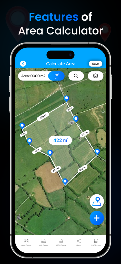 GPS Field Measure : Area Calc - Satellite map view of a field being measured with GPS markers and area calculation