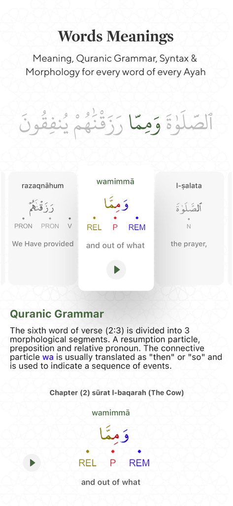 Interfaccia dell'app del Corano che visualizza significati parola per parola e analisi grammaticale coranica