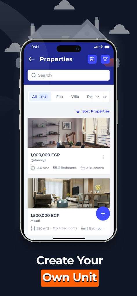 Interface de l'application mobile Engaz CRM présentant des annonces immobilières avec des filtres et un bouton de création d'unité