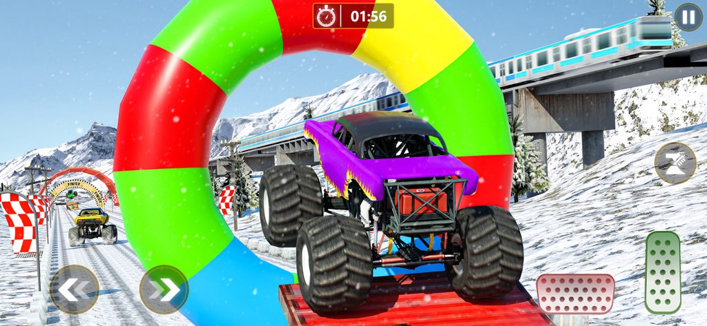 A purple monster truck driving through a colorful ring stunt in a snowy mountain environment
