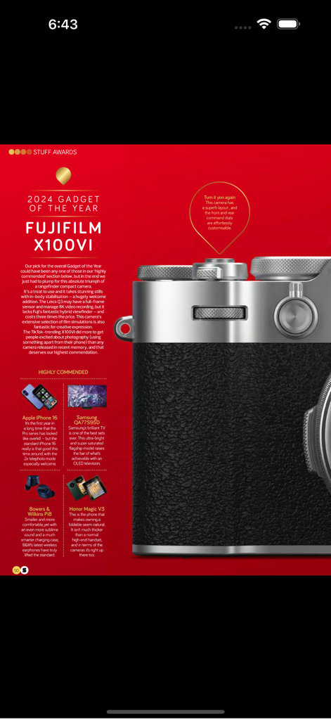 Pagina del premio Gadget dell'anno 2024 di Stuff Magazine per la fotocamera Fujifilm X100VI.