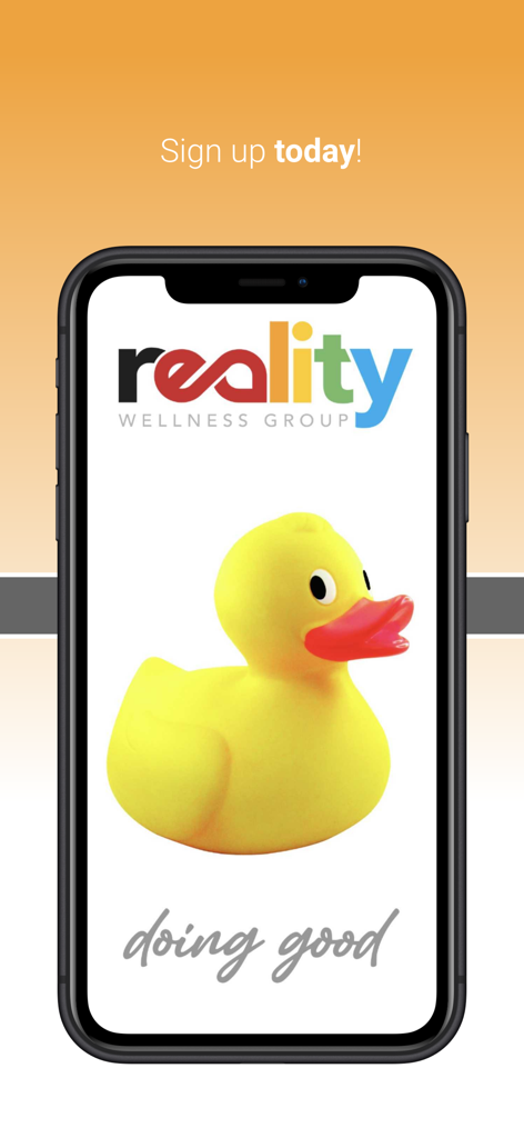 Reality Wellness Group - Pantalla de presentación de la aplicación Reality Wellness Group en un iPhone con un patito de goma amarillo y el lema 'haciendo el bien'