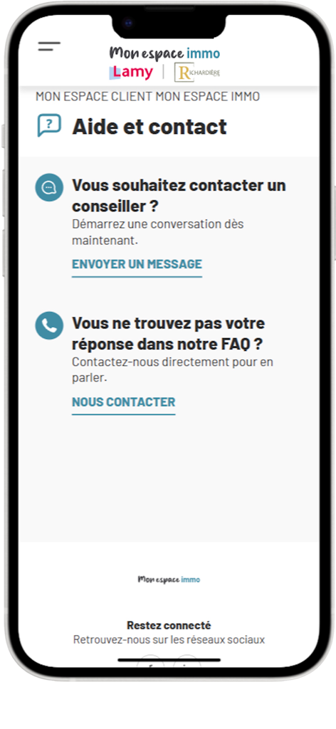 Mon espace immo particuliers - Écran d'aide et de contact de l'application Mon Espace Immo affichant les options pour contacter un conseiller ou appeler pour obtenir de l'aide
