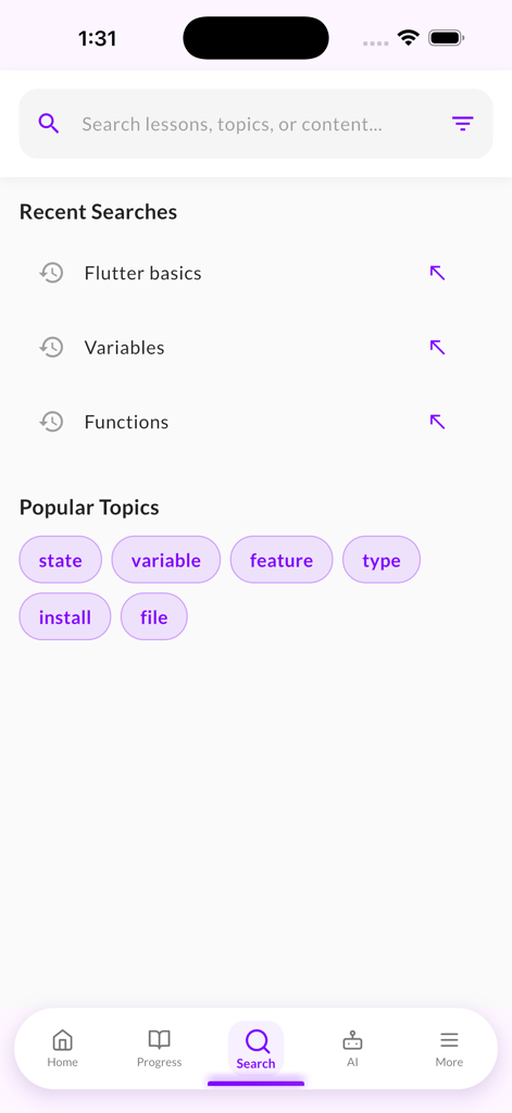 Learn R Programming: AI Tutor - Search screen of the Learn R Programming app showing search bar, recent searches, and popular coding topics