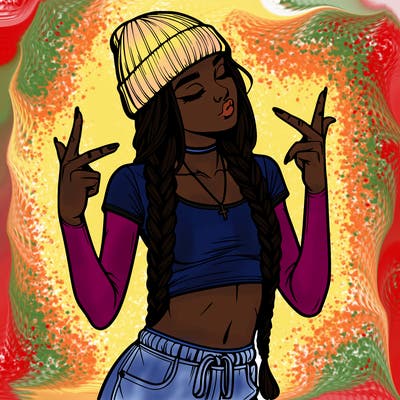 realistic teenage girl with braids and a beanie and crop top doing 🫶🏼