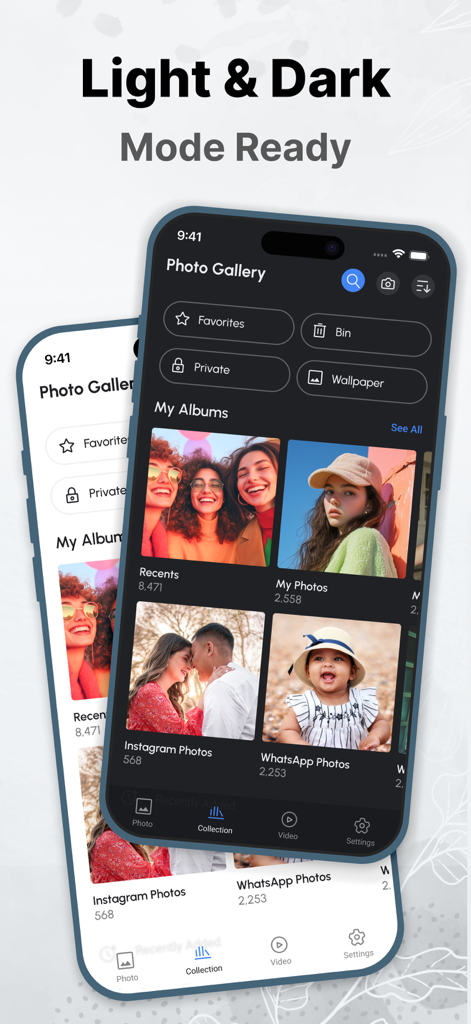 Gallery - Hide Photo Vault - Interfaz de la aplicación Galería que muestra opciones de modo claro y oscuro para el almacenamiento de fotos privadas.