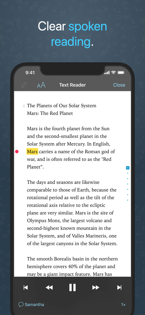 Prizmo › Edu/Biz (Volume Ed.) - Prizmo app interface showing the spoken text reader with highlighting and audio controls