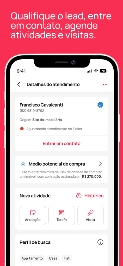 Kenlo Imob - Interface do aplicativo móvel Kenlo Imob exibindo detalhes de leads imobiliários, potencial de compra e opções de agendamento.